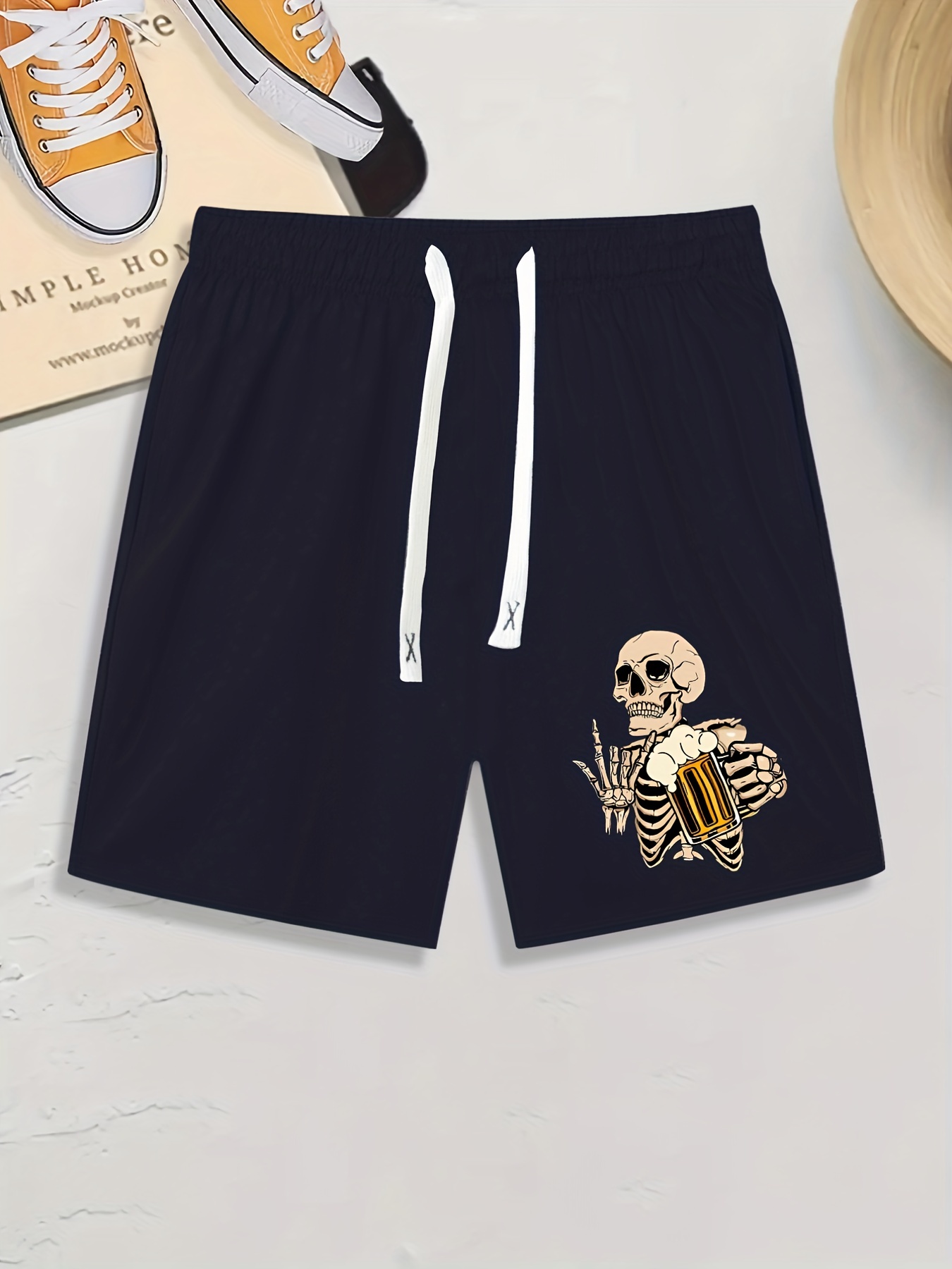 skeleton with beer print mens comfy shorts summer drawstring casual loose shorts mens summer clothing as gifts for daily leisure loungewear outdoors halloween details 5