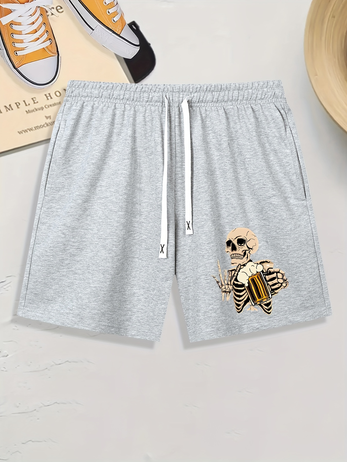 skeleton with beer print mens comfy shorts summer drawstring casual loose shorts mens summer clothing as gifts for daily leisure loungewear outdoors halloween details 10